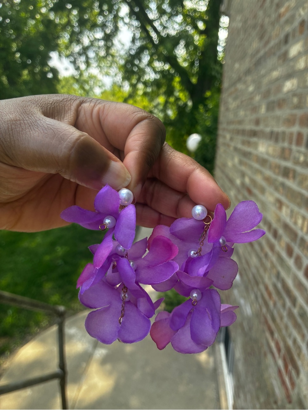 Purple Floral Pearl Drop Earrings